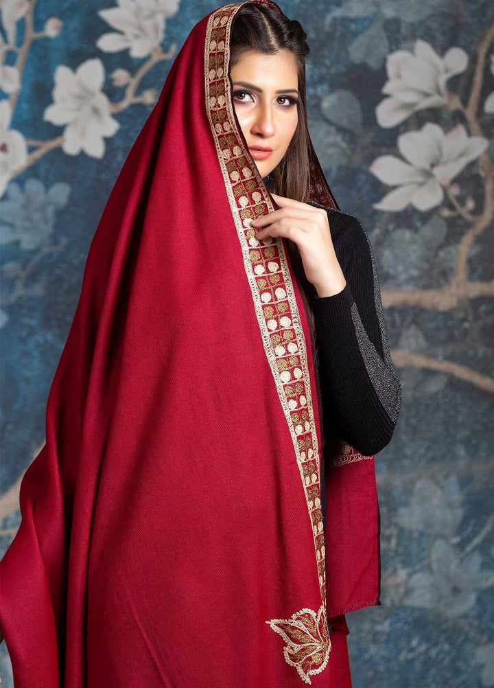 Sanaulla Exclusive Range Embroidered Pashmina  Shawl MIR-10 Red - Pashmina Shawls