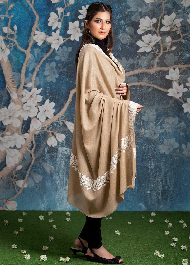 Sanaulla Exclusive Range Embroidered Pashmina  Shawl MIR-17 Beige 12 - Pashmina Shawls