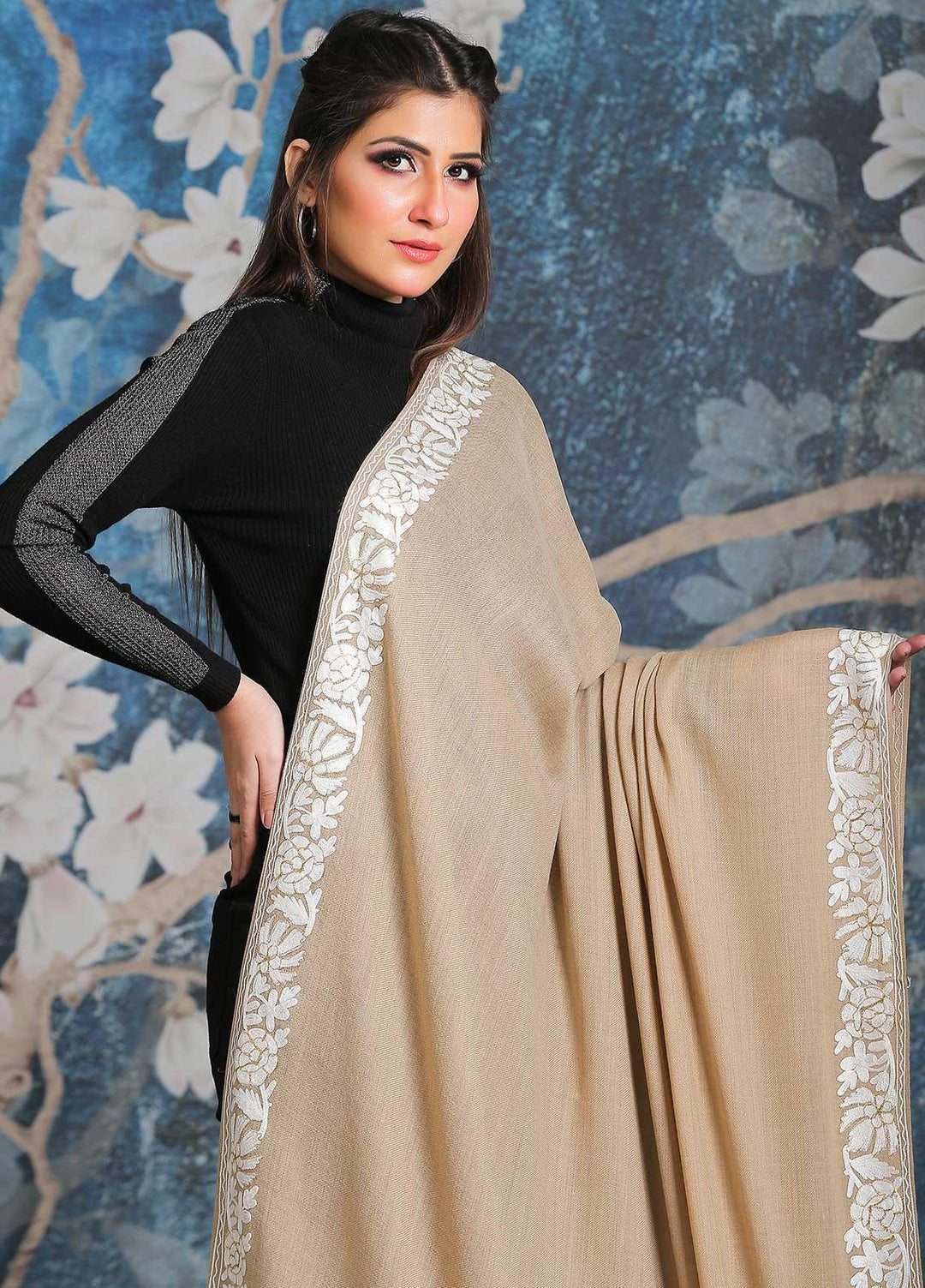 Sanaulla Exclusive Range Embroidered Pashmina  Shawl MIR-17 Beige 12 - Pashmina Shawls