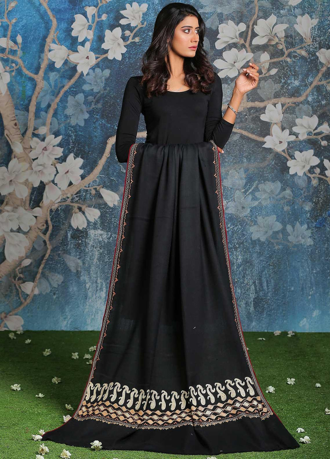 Sanaulla Exclusive Range Embroidered Pashmina  Shawl MIR-23 Black 1 - Pashmina Shawls