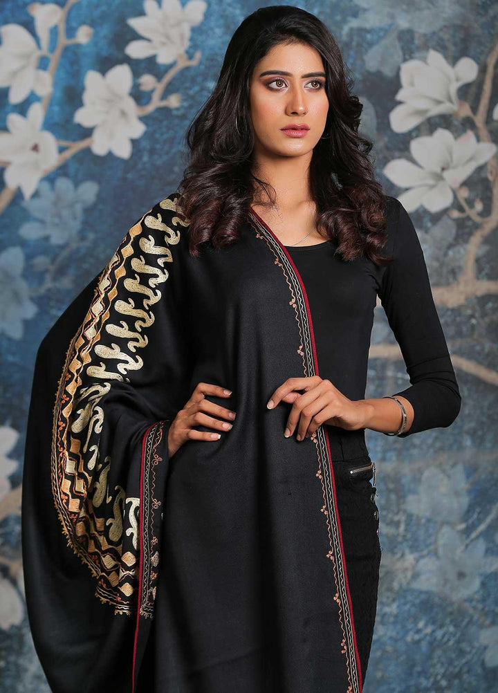 Sanaulla Exclusive Range Embroidered Pashmina  Shawl MIR-23 Black 1 - Pashmina Shawls