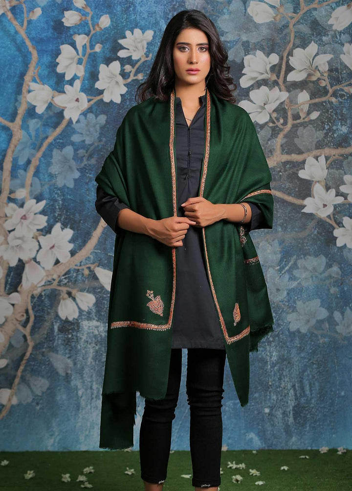 Sanaulla Exclusive Range Embroidered Pashmina  Shawl MIR-32 Green - Pashmina Shawls