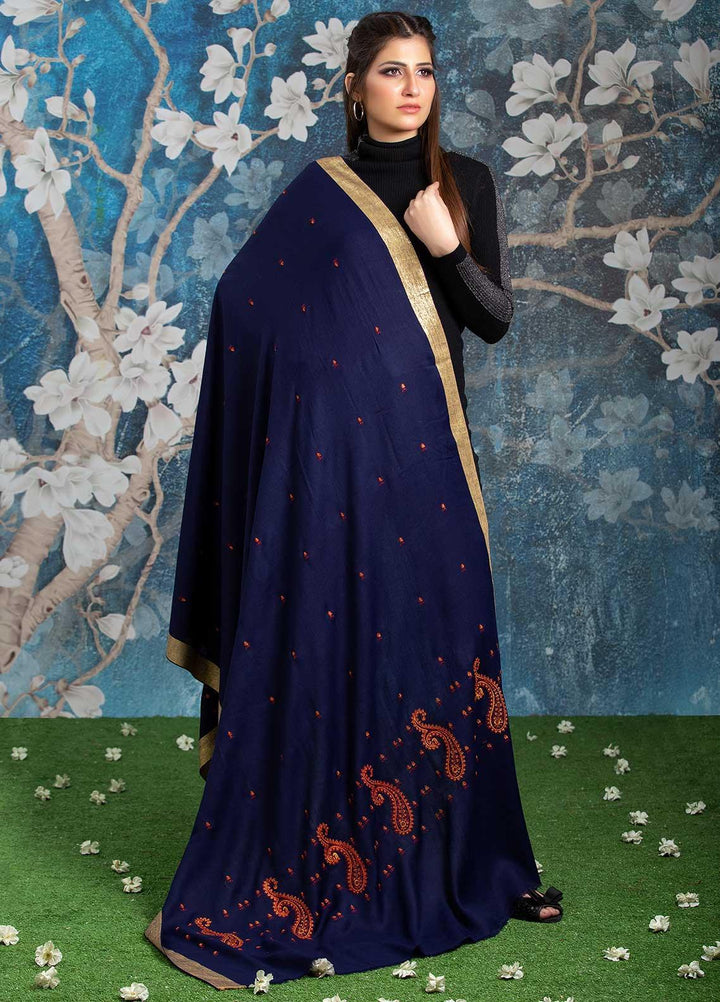 Sanaulla Exclusive Range Embroidered Pashmina  Shawl MIR-41 Blue 4 - Pashmina Shawls