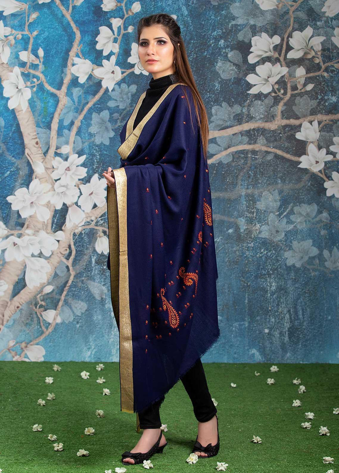 Sanaulla Exclusive Range Embroidered Pashmina  Shawl MIR-41 Blue 4 - Pashmina Shawls