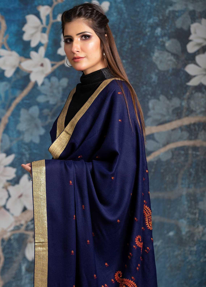 Sanaulla Exclusive Range Embroidered Pashmina  Shawl MIR-41 Blue 4 - Pashmina Shawls