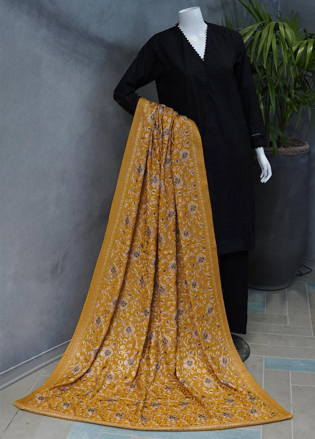 Sanaulla Exclusive Range  Pashmina  Shawls MAMA-36 Mustard-1 - Pashmina Shawls