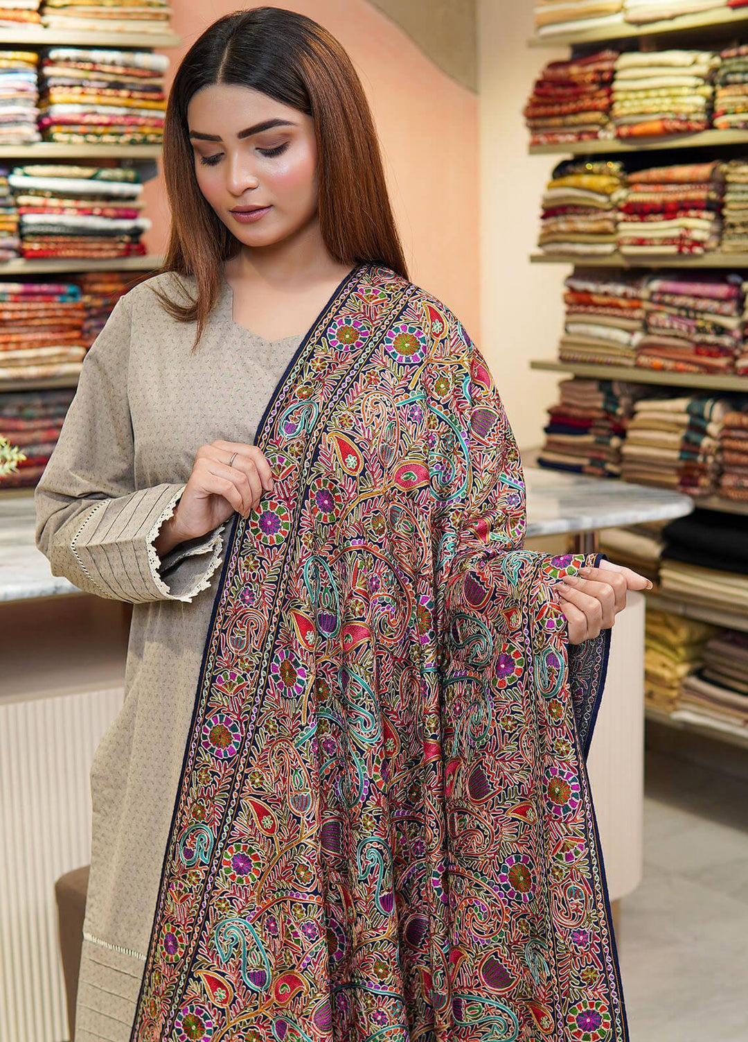 Sanaulla Exclusive Range  Pashmina  Shawls MAMA-05 Blue - Pashmina Shawls