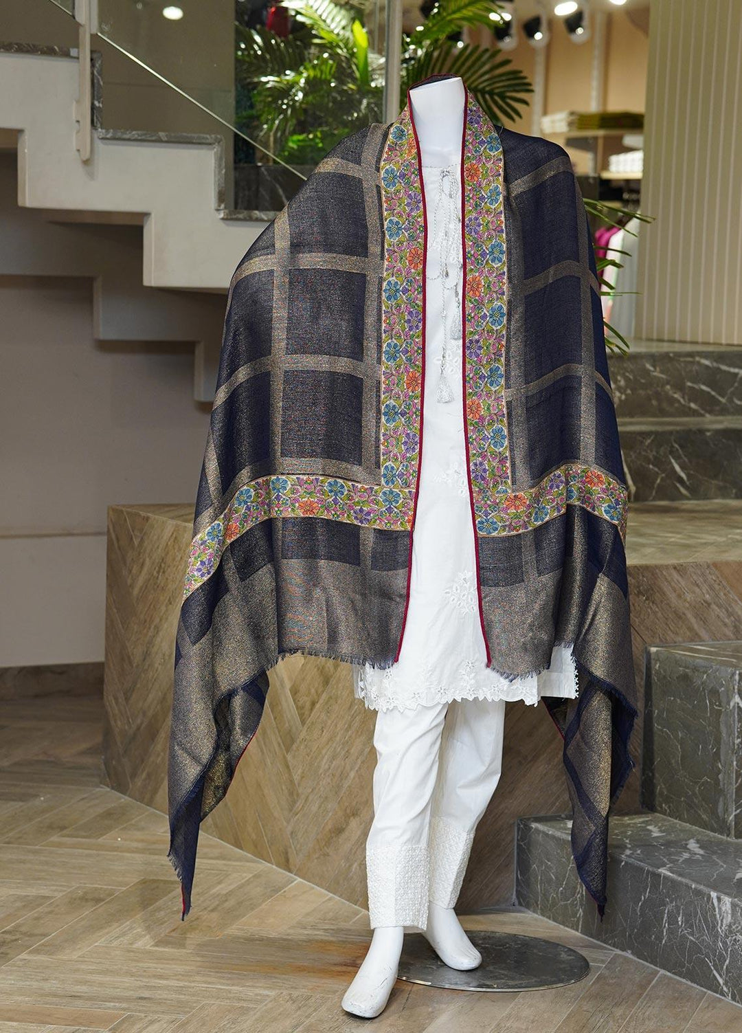 Sanaulla Exclusive Range  Pashmina  Shawls MAMA-04 Blue-2 - Pashmina Shawls