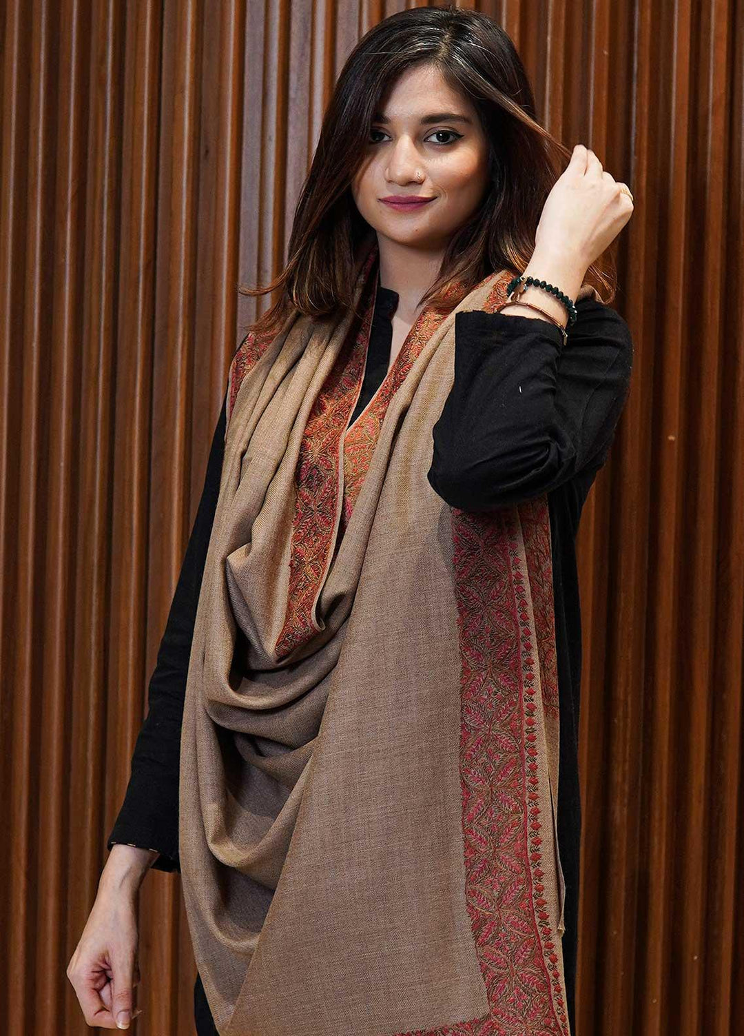 Sanaulla Exclusive Range  Pashmina  Shawls MAMA-16 Fawn-3 - Pashmina Shawls