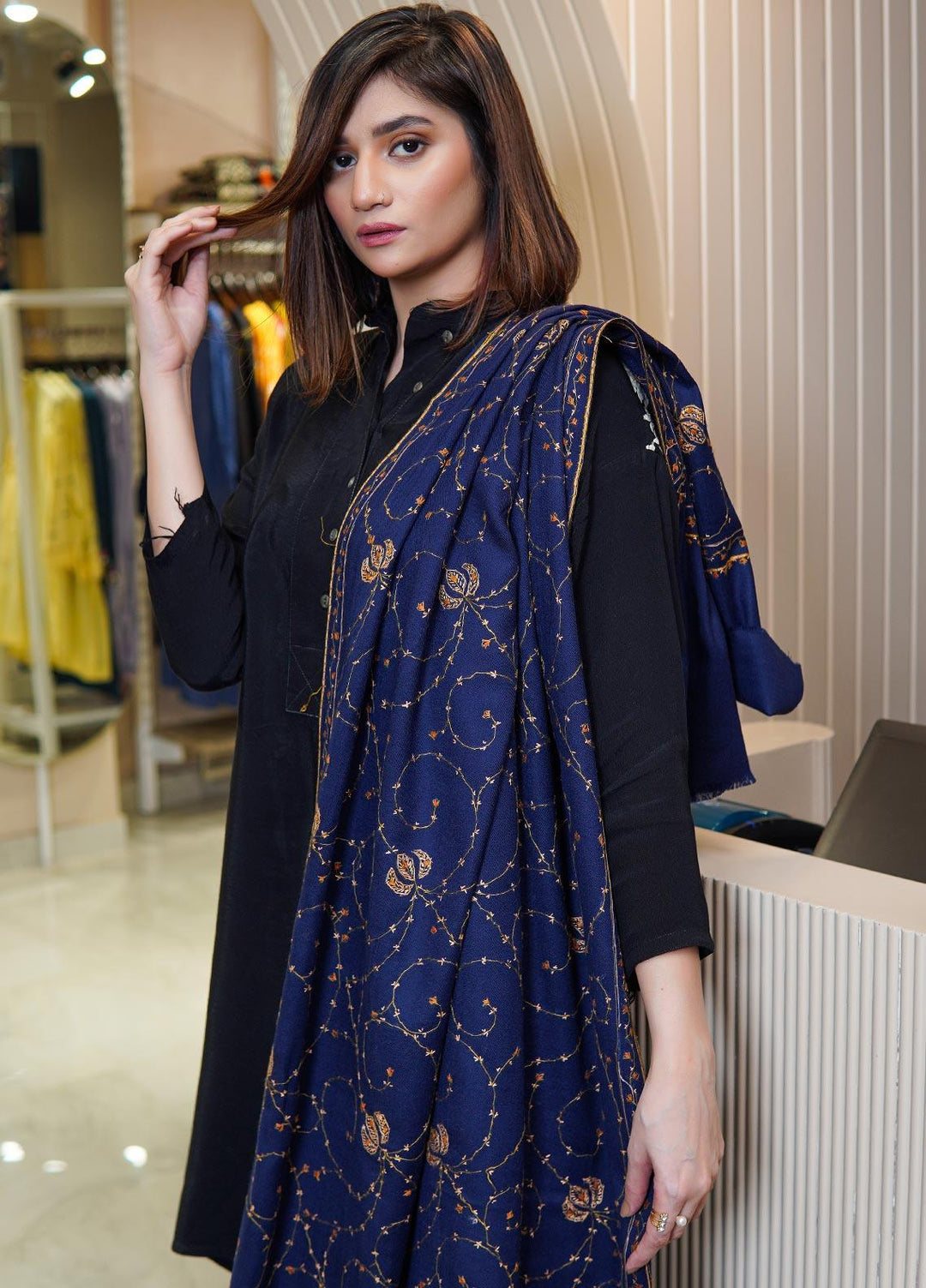 Sanaulla Exclusive Range  Pashmina  Shawls MAMA-17 Blue-3 - Pashmina Shawls