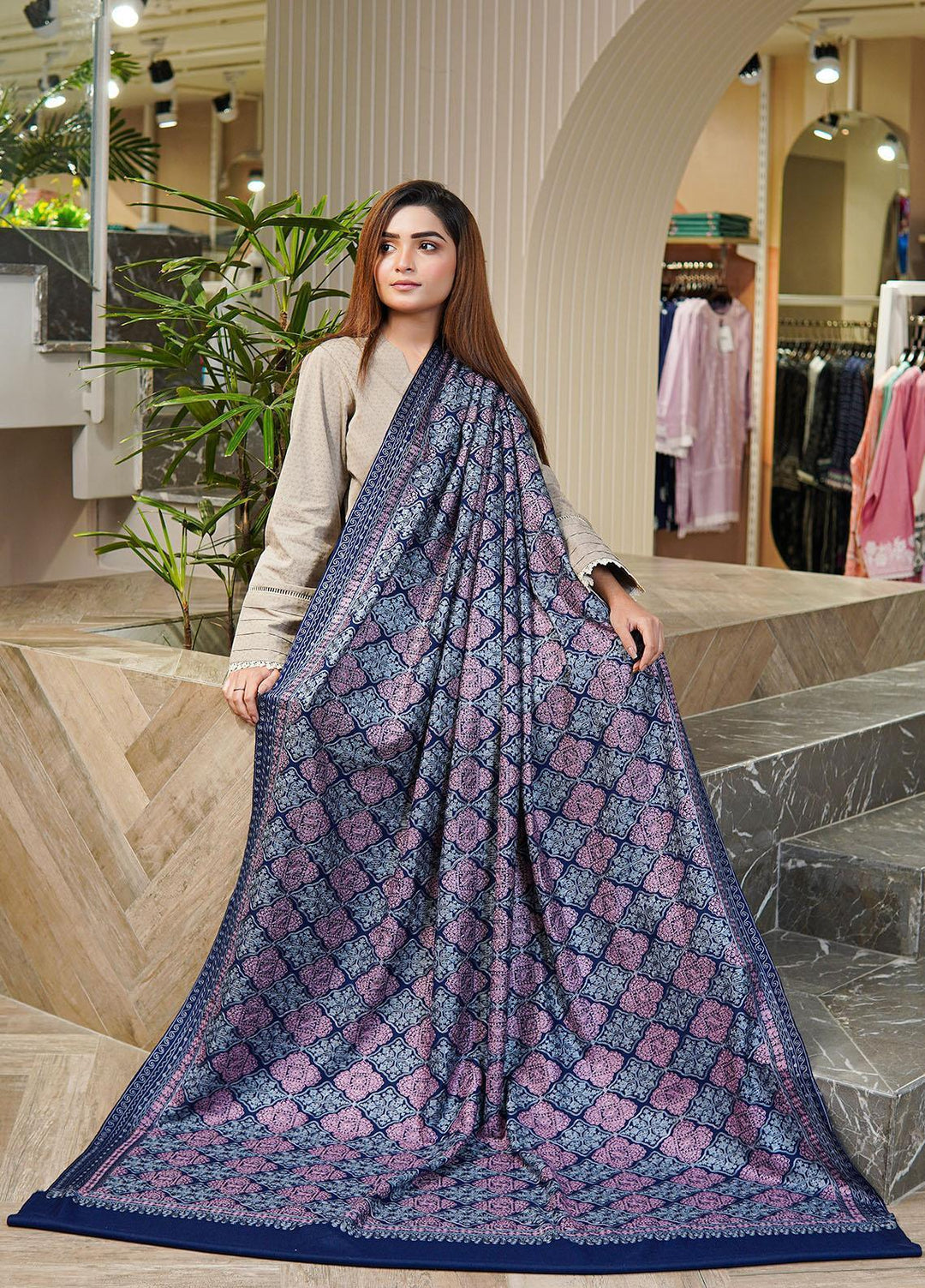 Sanaulla Exclusive Range  Pashmina  Shawls MAMA-37 Blue-1 - Pashmina Shawls