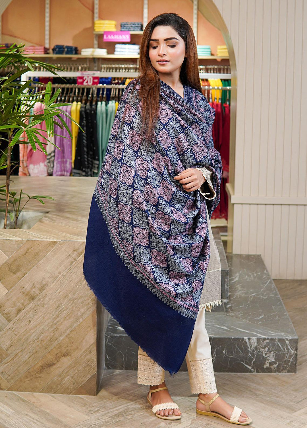 Sanaulla Exclusive Range  Pashmina  Shawls MAMA-37 Blue-1 - Pashmina Shawls