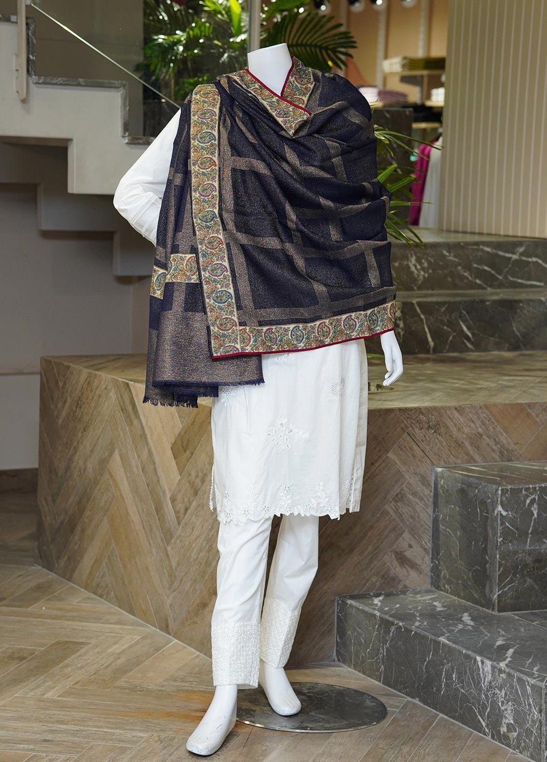 Sanaulla Exclusive Range  Pashmina  Shawls MAMA-04 Blue-3 - Pashmina Shawls