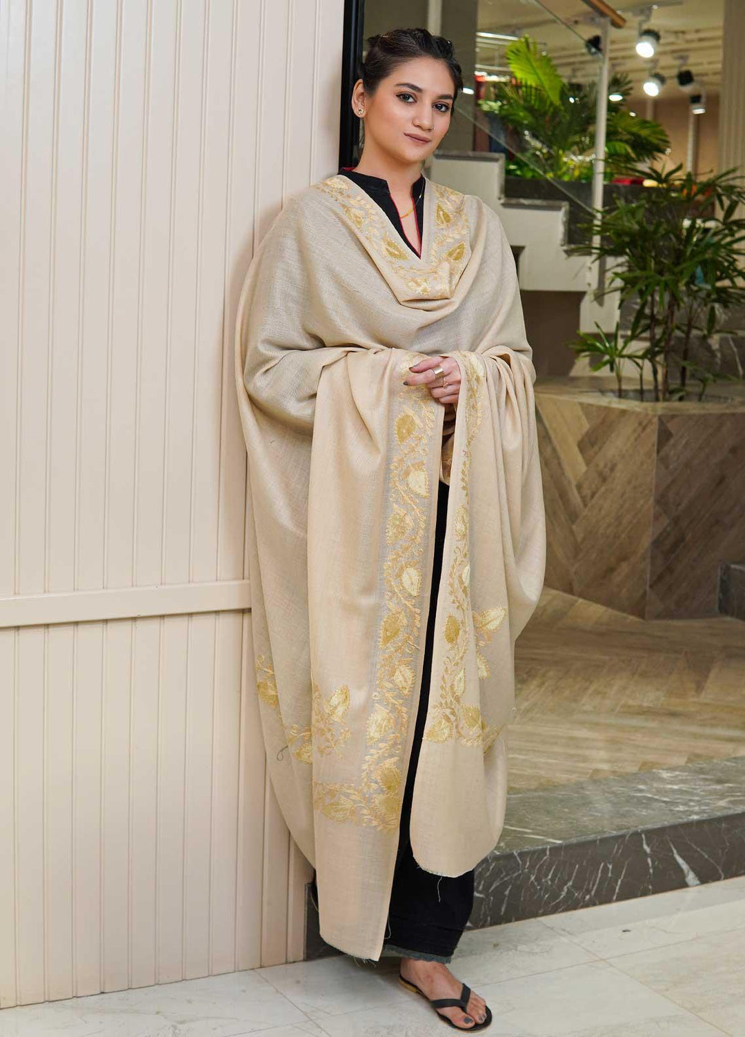 Sanaulla Exclusive Range  Pashmina  Shawls MAMA-26 Off White-2 - Pashmina Shawls