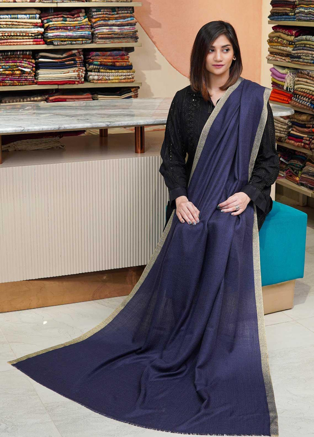 Sanaulla Exclusive Range  Pashmina  Shawls MAMA-41 Blue - Pashmina Shawls