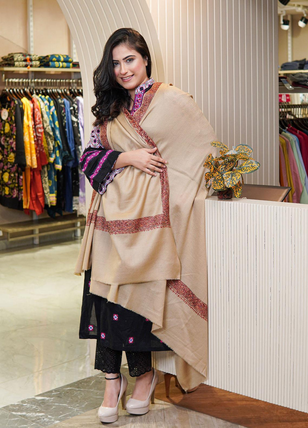 Sanaulla Exclusive Range  Pashmina  Shawls MAMA-16 Fawn-4 - Pashmina Shawls