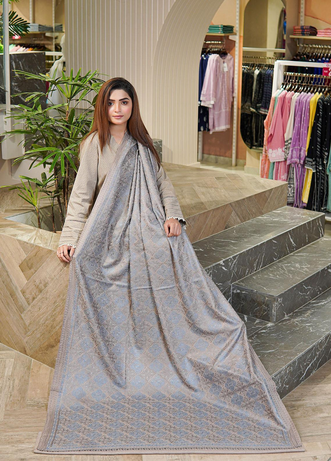 Sanaulla Exclusive Range  Pashmina  Shawls MAMA-37 Fawn-2 - Pashmina Shawls