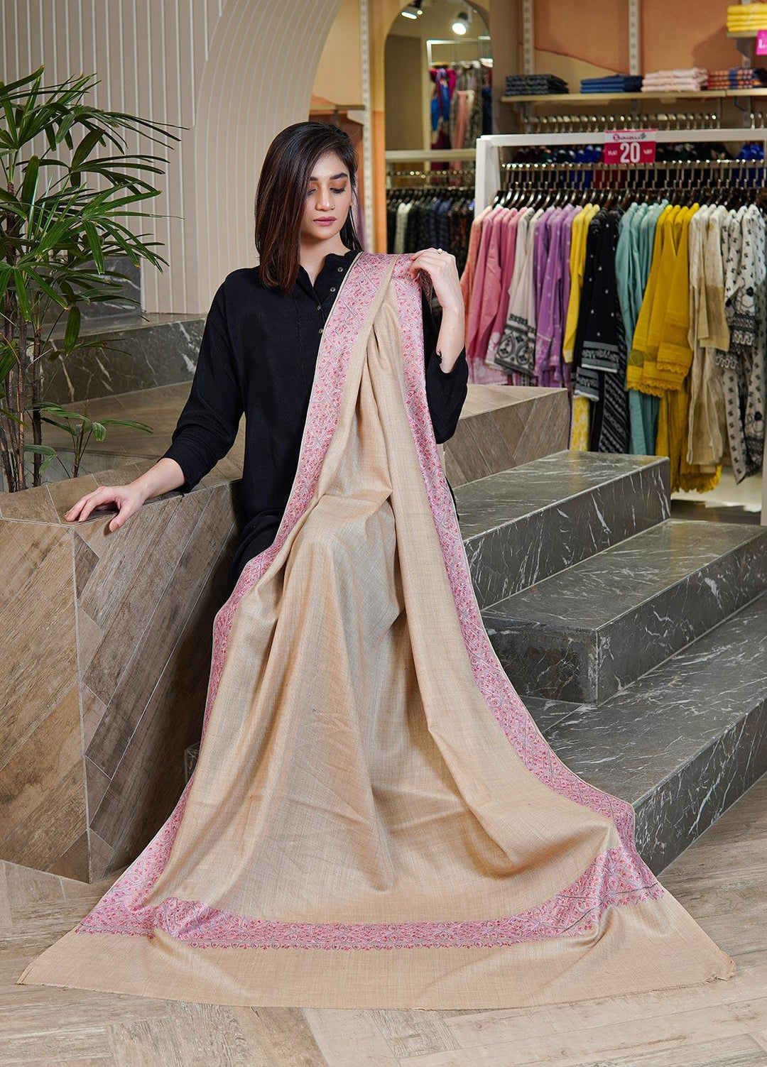 Sanaulla Exclusive Range  Pashmina  Shawls MAMA-20 Fawn-2 - Pashmina Shawls