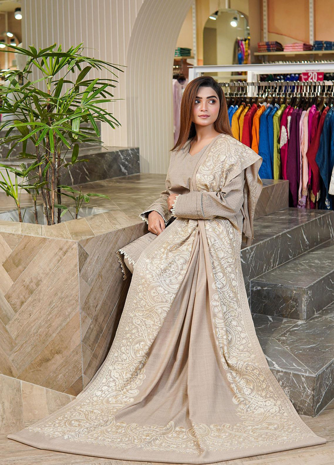 Sanaulla Exclusive Range  Pashmina  Shawls MAMA-38 Beige-1 - Pashmina Shawls