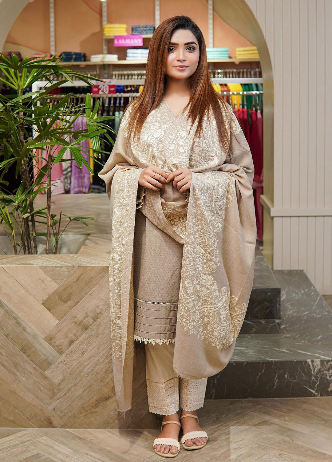 Sanaulla Exclusive Range  Pashmina  Shawls MAMA-38 Beige-1 - Pashmina Shawls