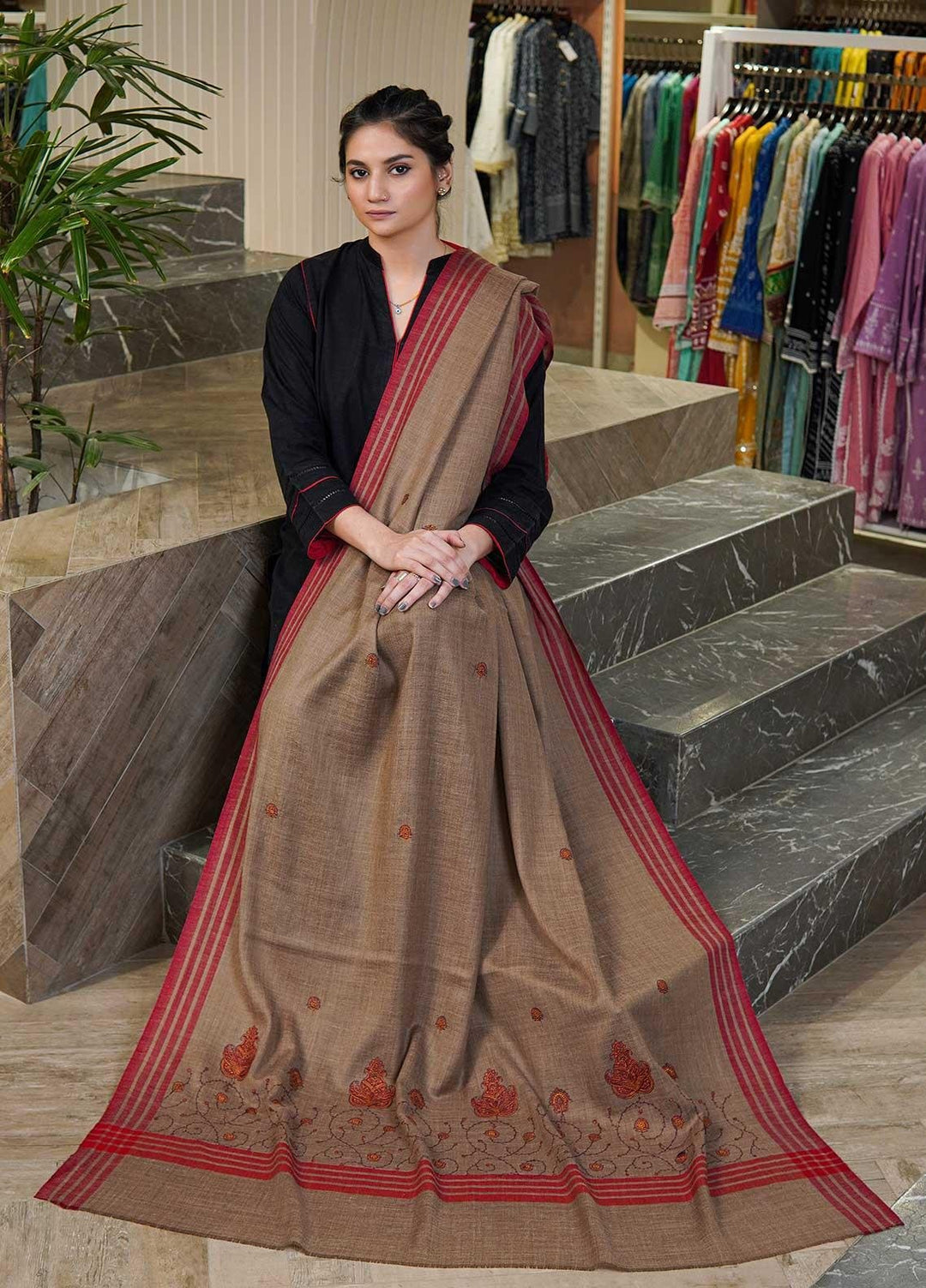 Sanaulla Exclusive Range  Pashmina  Shawls MAMA-28 Brown-2 - Pashmina Shawls