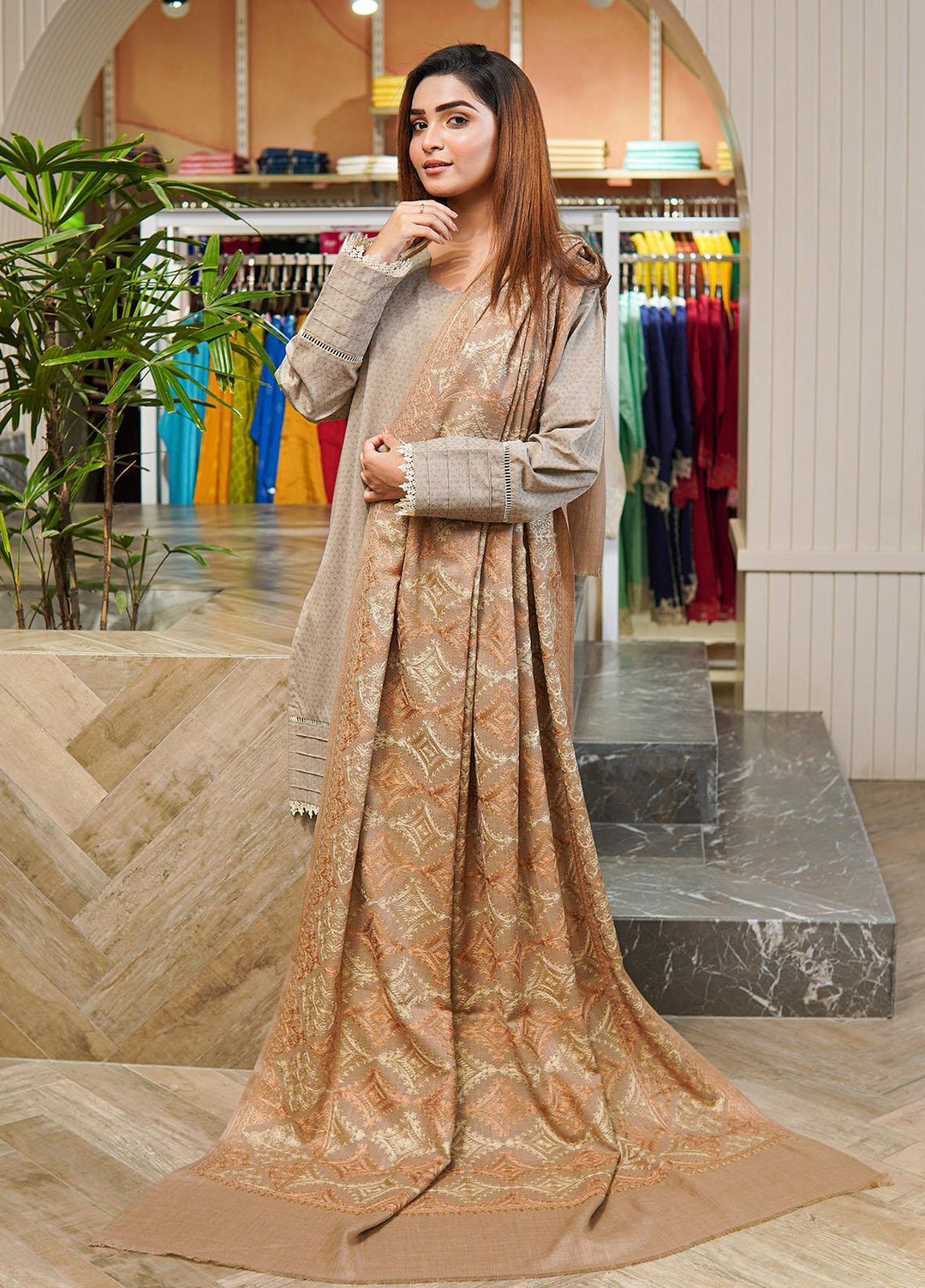 Sanaulla Exclusive Range  Pashmina  Shawls MAMA-38 Fawn-1 - Pashmina Shawls