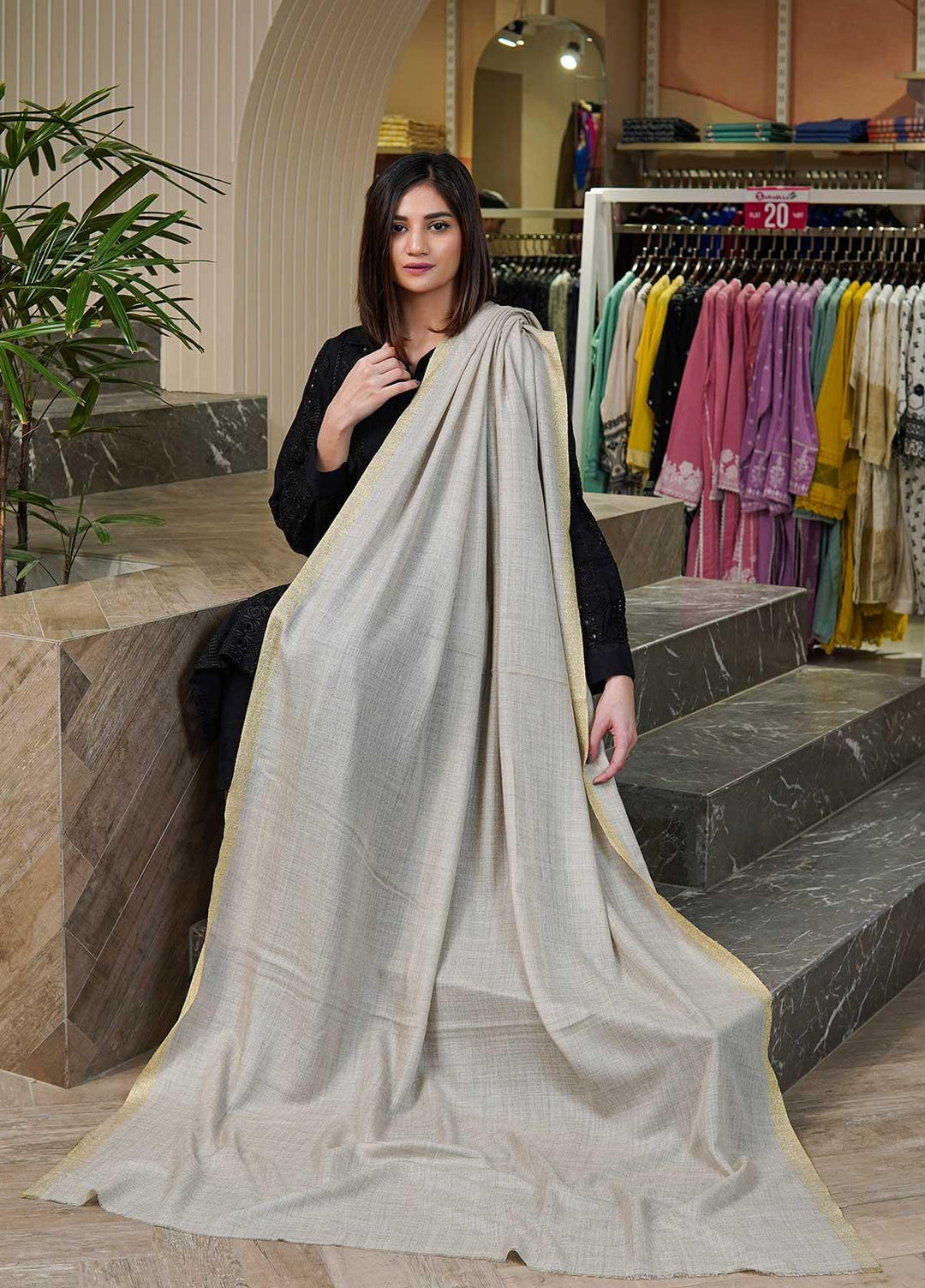 Sanaulla Exclusive Range  Pashmina  Shawls MAMA-41 Fawn - Pashmina Shawls