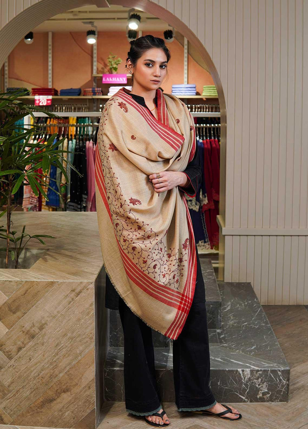 Sanaulla Exclusive Range  Pashmina  Shawls MAMA-28 Fawn-2 - Pashmina Shawls