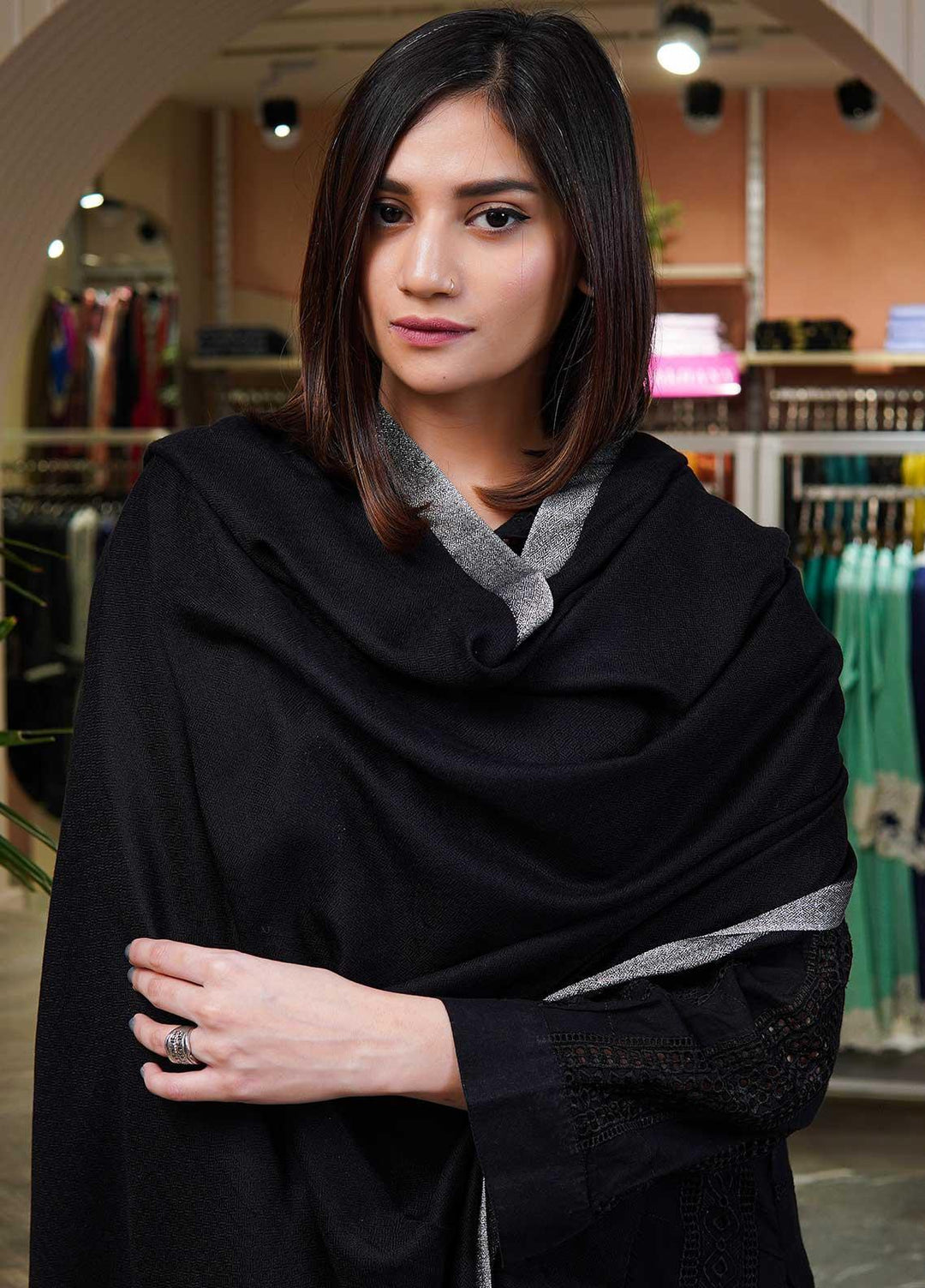 Sanaulla Exclusive Range  Pashmina  Shawls MAMA-41 Black-2 - Pashmina Shawls