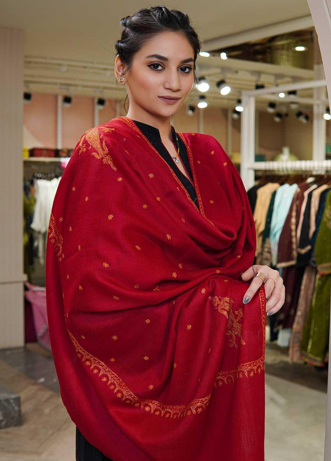 Sanaulla Exclusive Range  Pashmina  Shawls MAMA-29 Red-1 - Pashmina Shawls