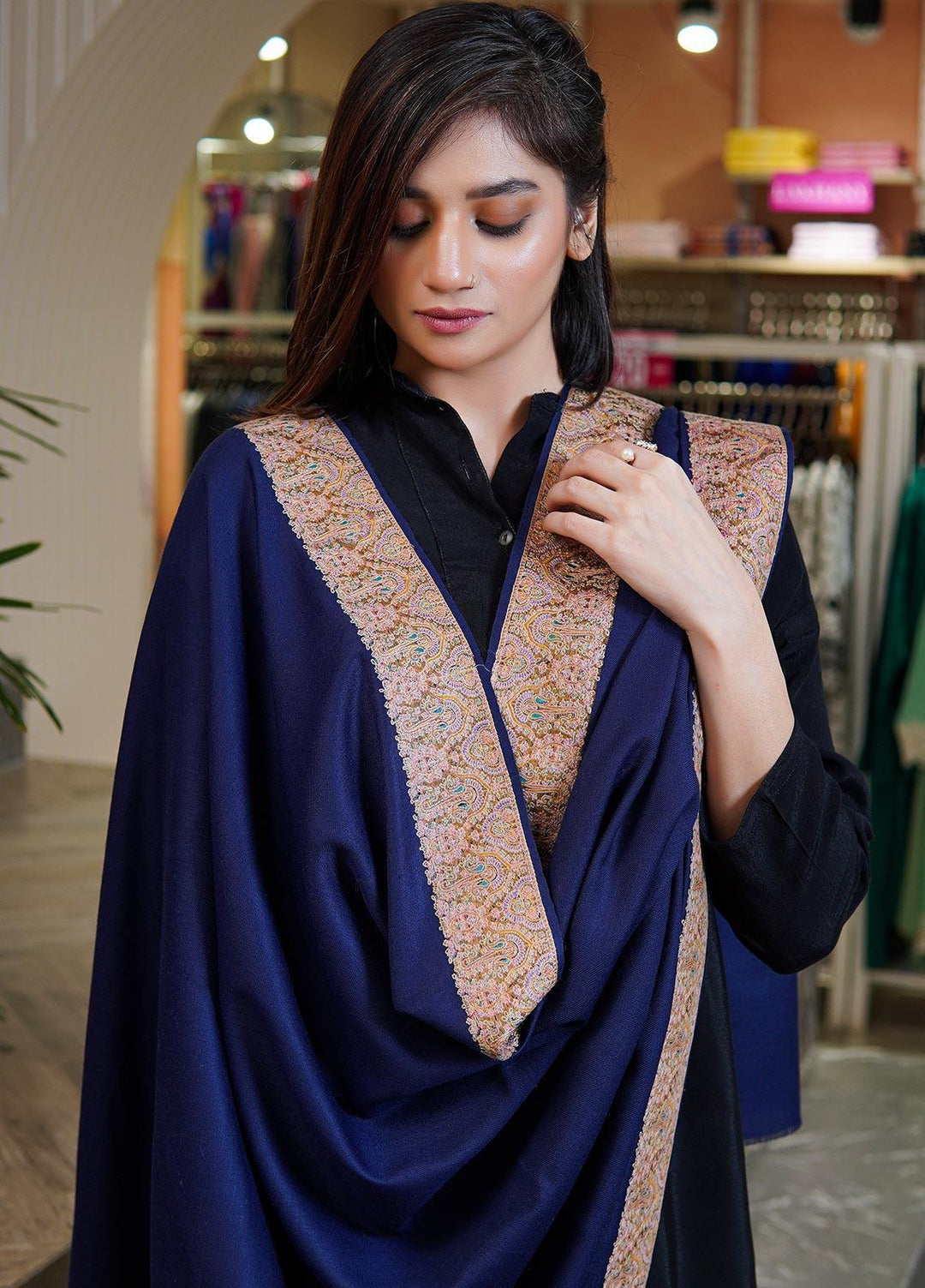 Sanaulla Exclusive Range  Pashmina  Shawls MAMA-31 Blue-1 - Pashmina Shawls