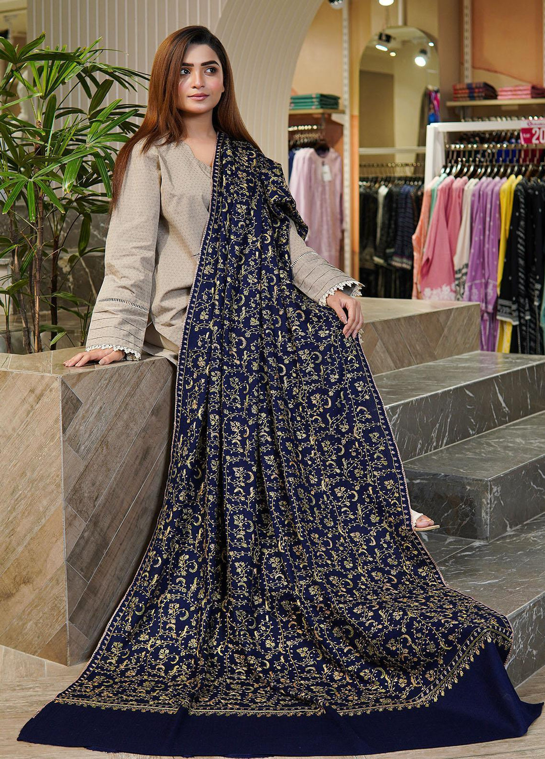 Sanaulla Exclusive Range  Pashmina  Shawls MAMA-47 Blue-1 - Pashmina Shawls