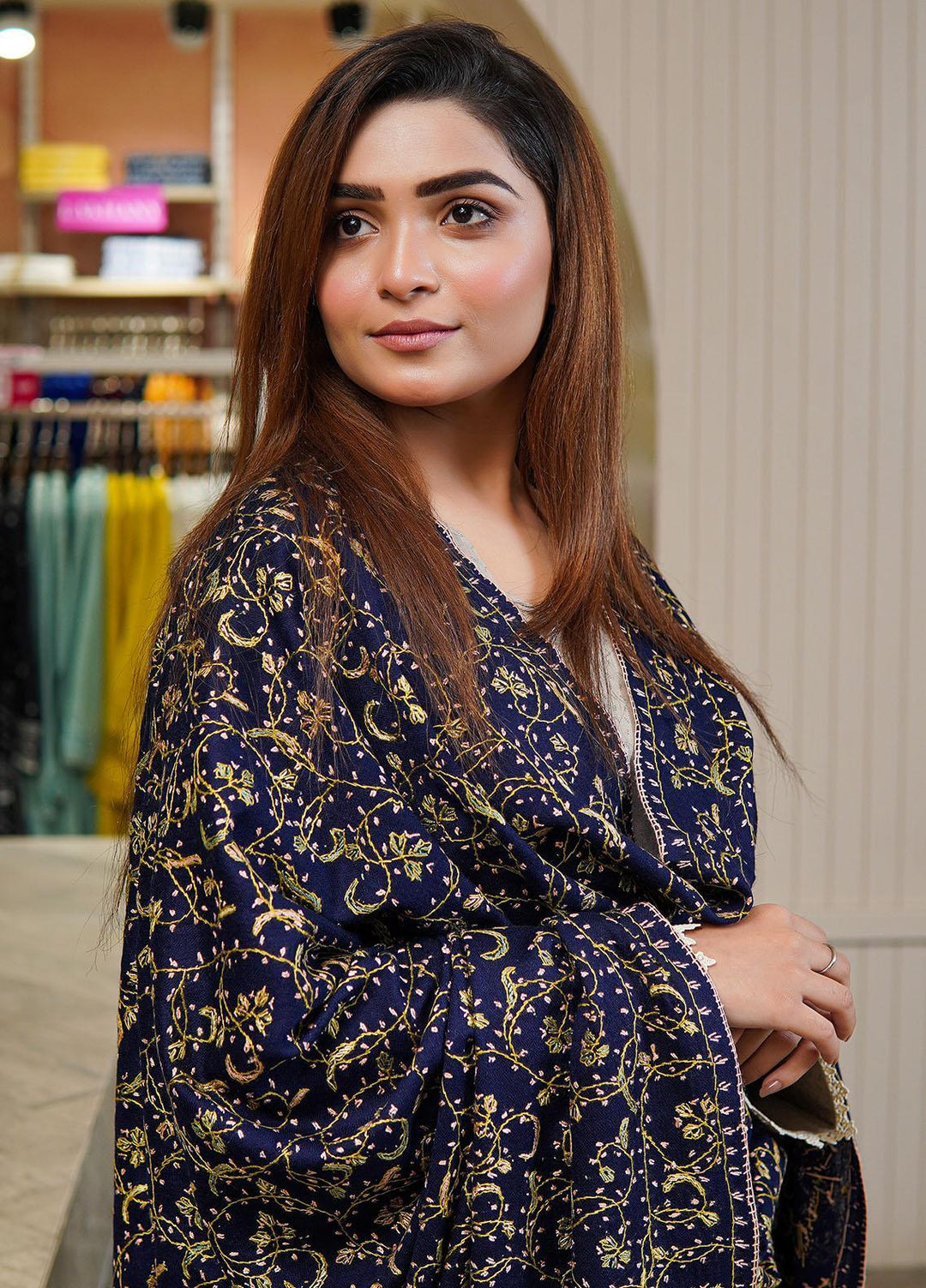 Sanaulla Exclusive Range  Pashmina  Shawls MAMA-47 Blue-1 - Pashmina Shawls