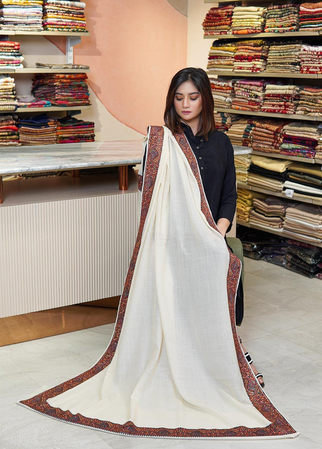 Sanaulla Exclusive Range  Pashmina  Shawls MAMA-31 Off White - Pashmina Shawls