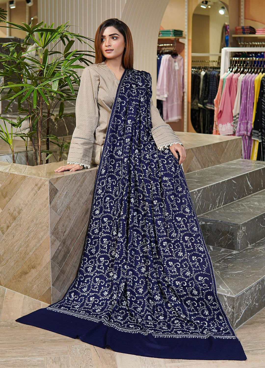 Sanaulla Exclusive Range  Pashmina  Shawls MAMA-47 Blue-2 - Pashmina Shawls