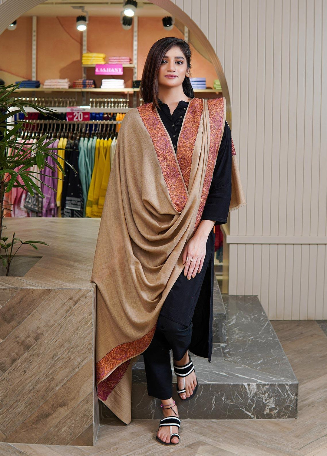 Sanaulla Exclusive Range  Pashmina  Shawls MAMA-31 Fawn-2 - Pashmina Shawls