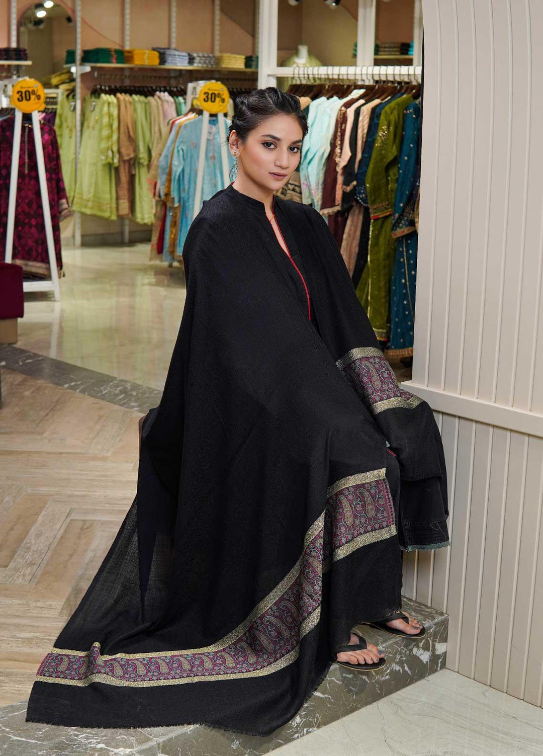 Sanaulla Exclusive Range  Pashmina  Shawls MAMA-44 Black-2 - Pashmina Shawls