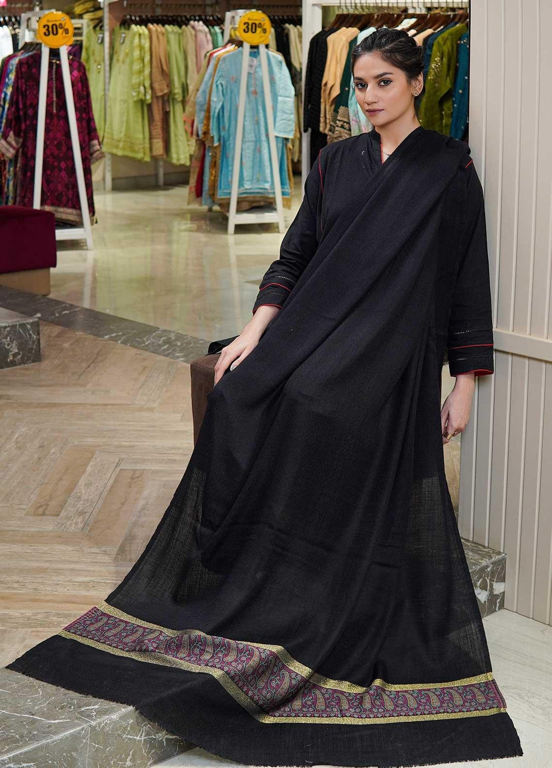 Sanaulla Exclusive Range  Pashmina  Shawls MAMA-44 Black-2 - Pashmina Shawls