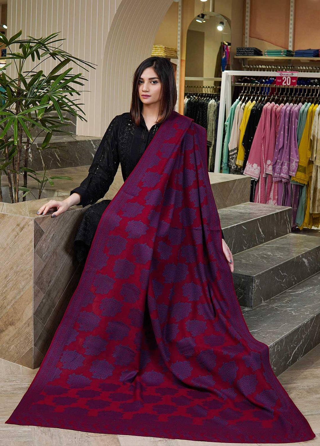 Sanaulla Exclusive Range  Pashmina  Shawls MAMA-48 Maroon-1 - Pashmina Shawls