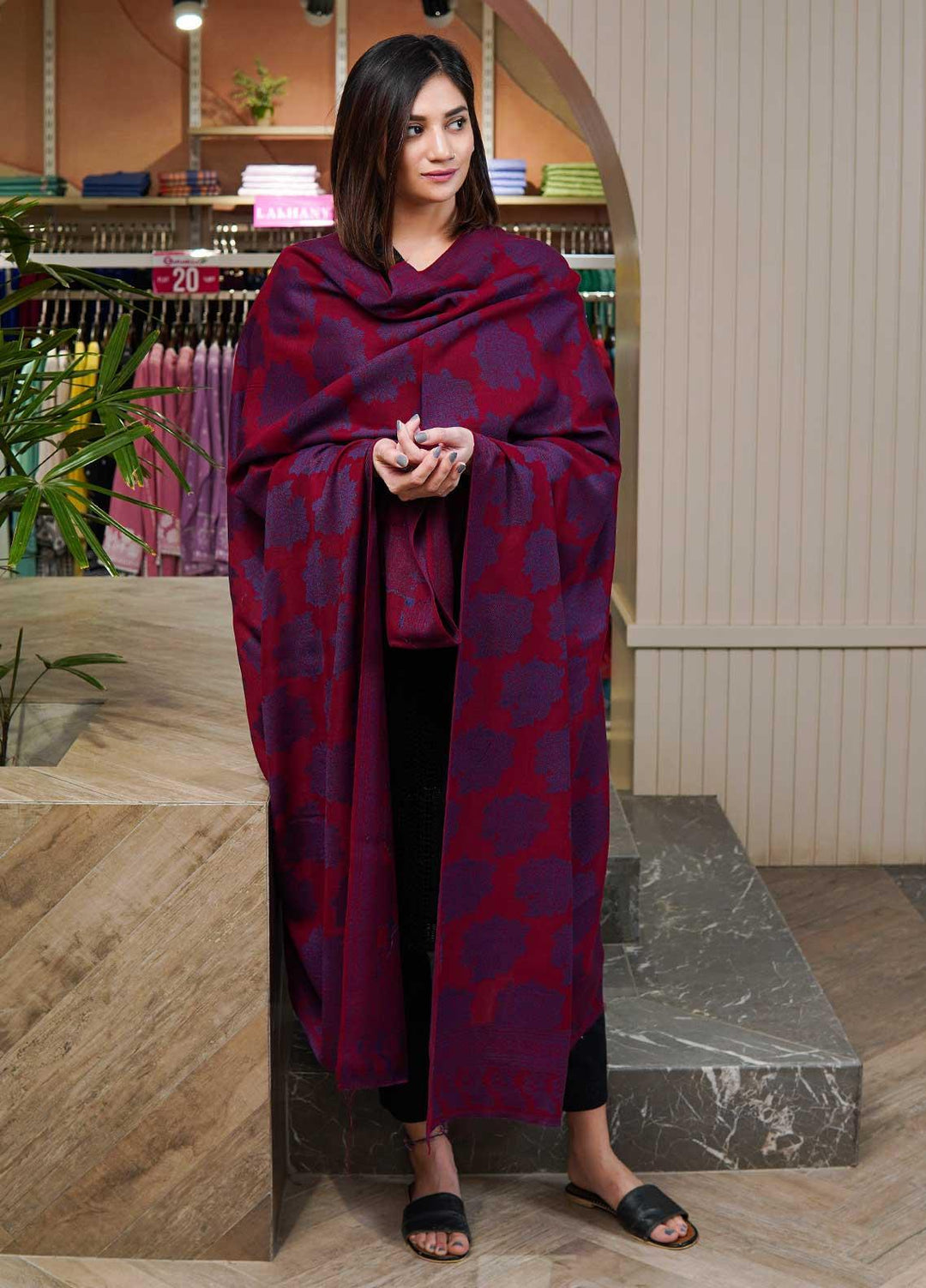 Sanaulla Exclusive Range  Pashmina  Shawls MAMA-48 Maroon-1 - Pashmina Shawls