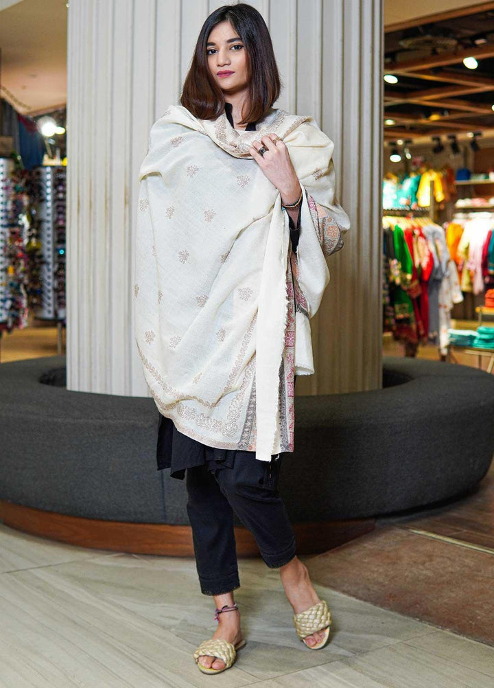 Sanaulla Exclusive Range  Pashmina  Shawls MAMA-07 Off White-2 - Pashmina Shawls