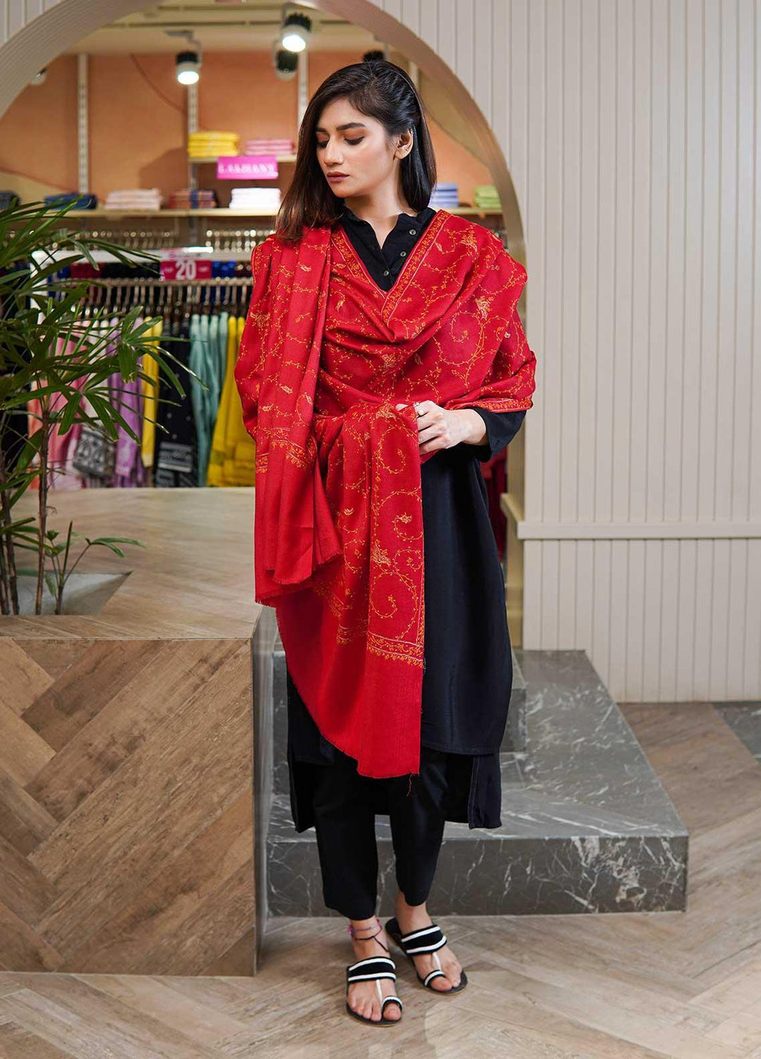 Sanaulla Exclusive Range  Pashmina  Shawls MAMA-17 Red-1 - Pashmina Shawls