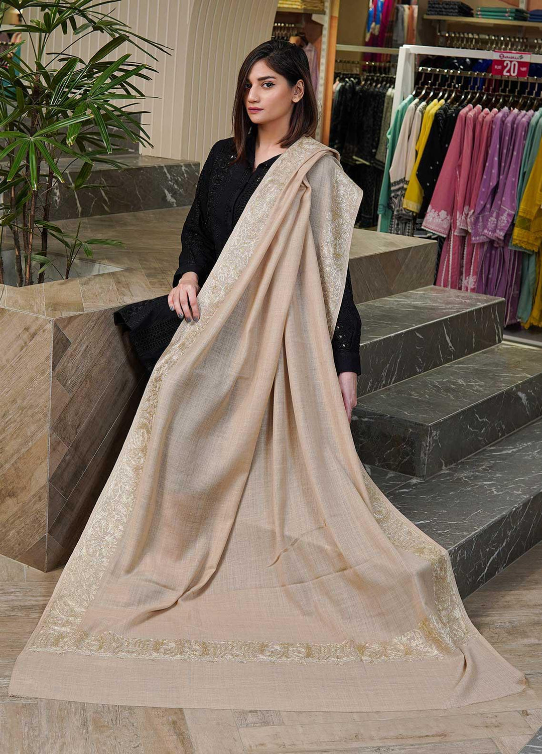 Sanaulla Exclusive Range  Pashmina  Shawls MAMA-25 Fawn-2 - Pashmina Shawls