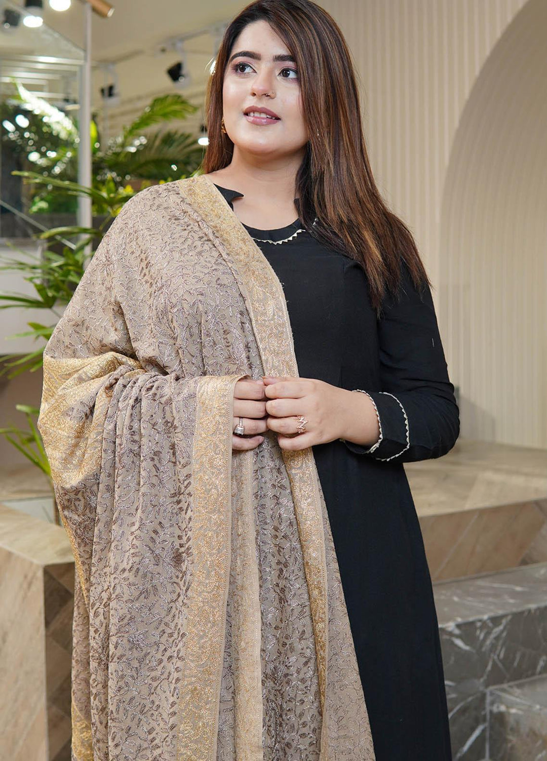 Sanaulla Exclusive Range  Pashmina  Shawls Arri Jaal Kunj Tilla KPS-10 Fawn  - Pashmina Shawls