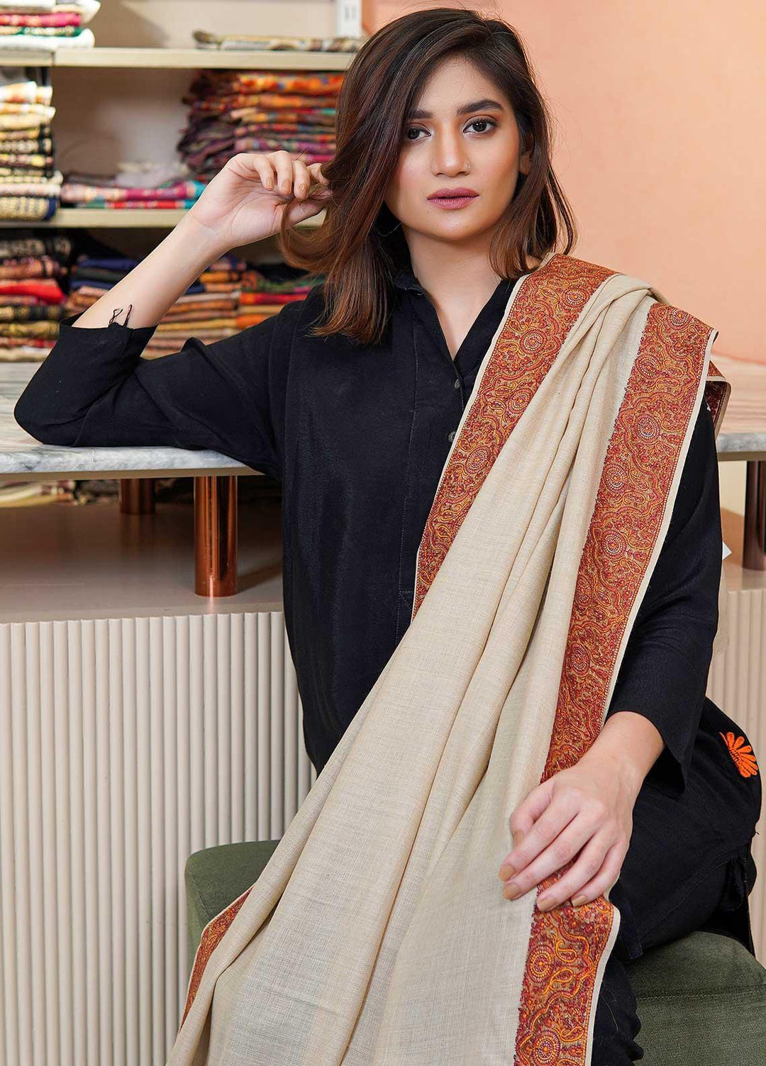 Sanaulla Exclusive Range  Pashmina  Shawls MAMA-31 Fawn-4 - Pashmina Shawls