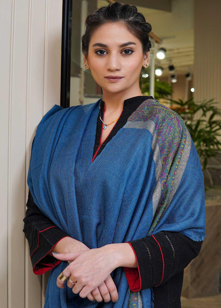 Sanaulla Exclusive Range  Pashmina  Shawls MAMA-44 Blue-4 - Pashmina Shawls