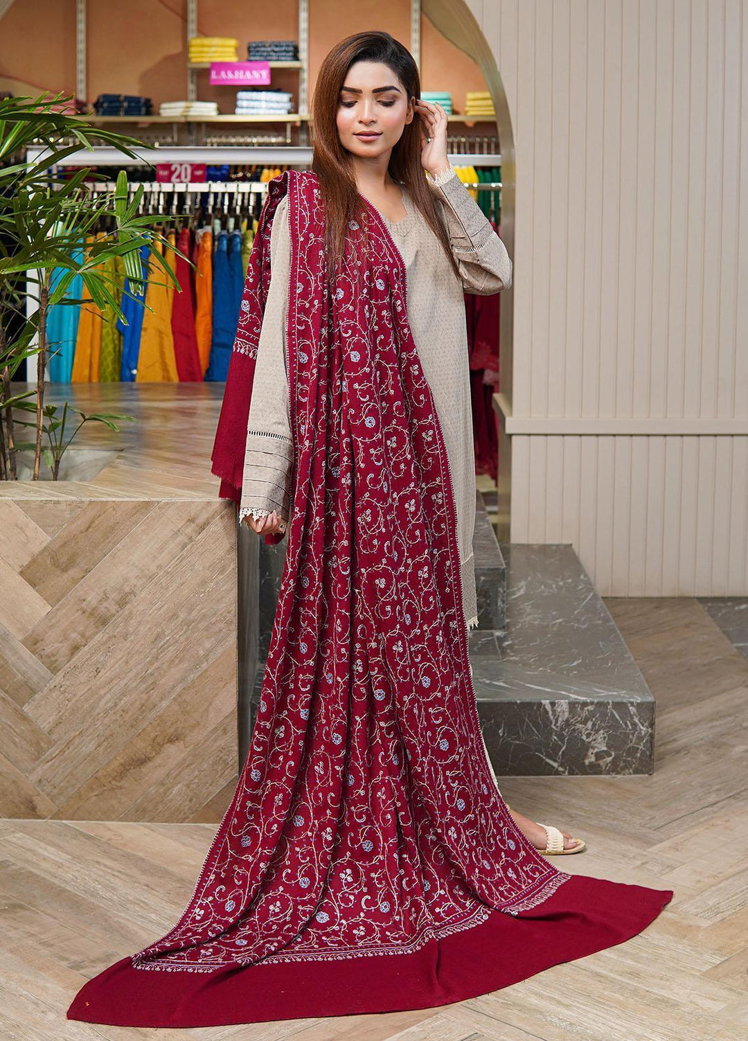 Sanaulla Exclusive Range  Pashmina  Shawls MAMA-47 Maroon - Pashmina Shawls