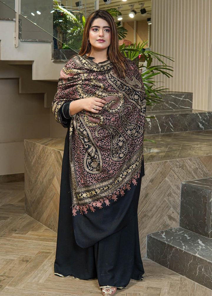 Sanaulla Exclusive Range  Pashmina  Shawls Arri Jaal Kunj Tilla KPS-10 Black  - Pashmina Shawls