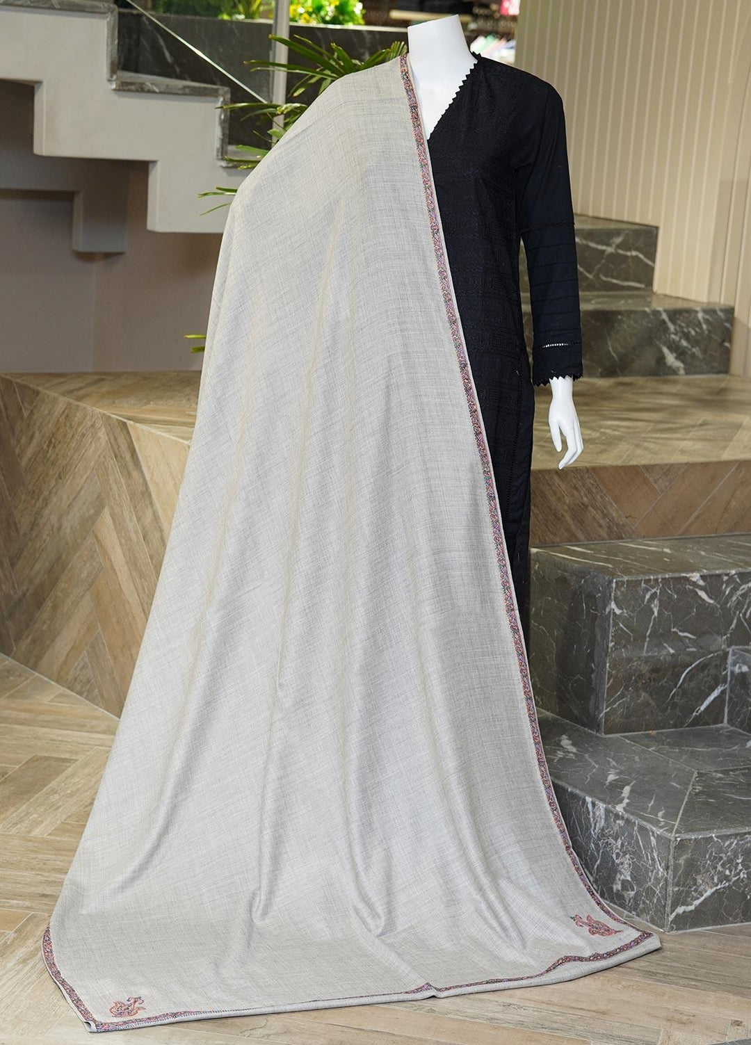 Sanaulla Exclusive Range  Pashmina  Shawls MAMA-14 Grey-1 - Pashmina Shawls