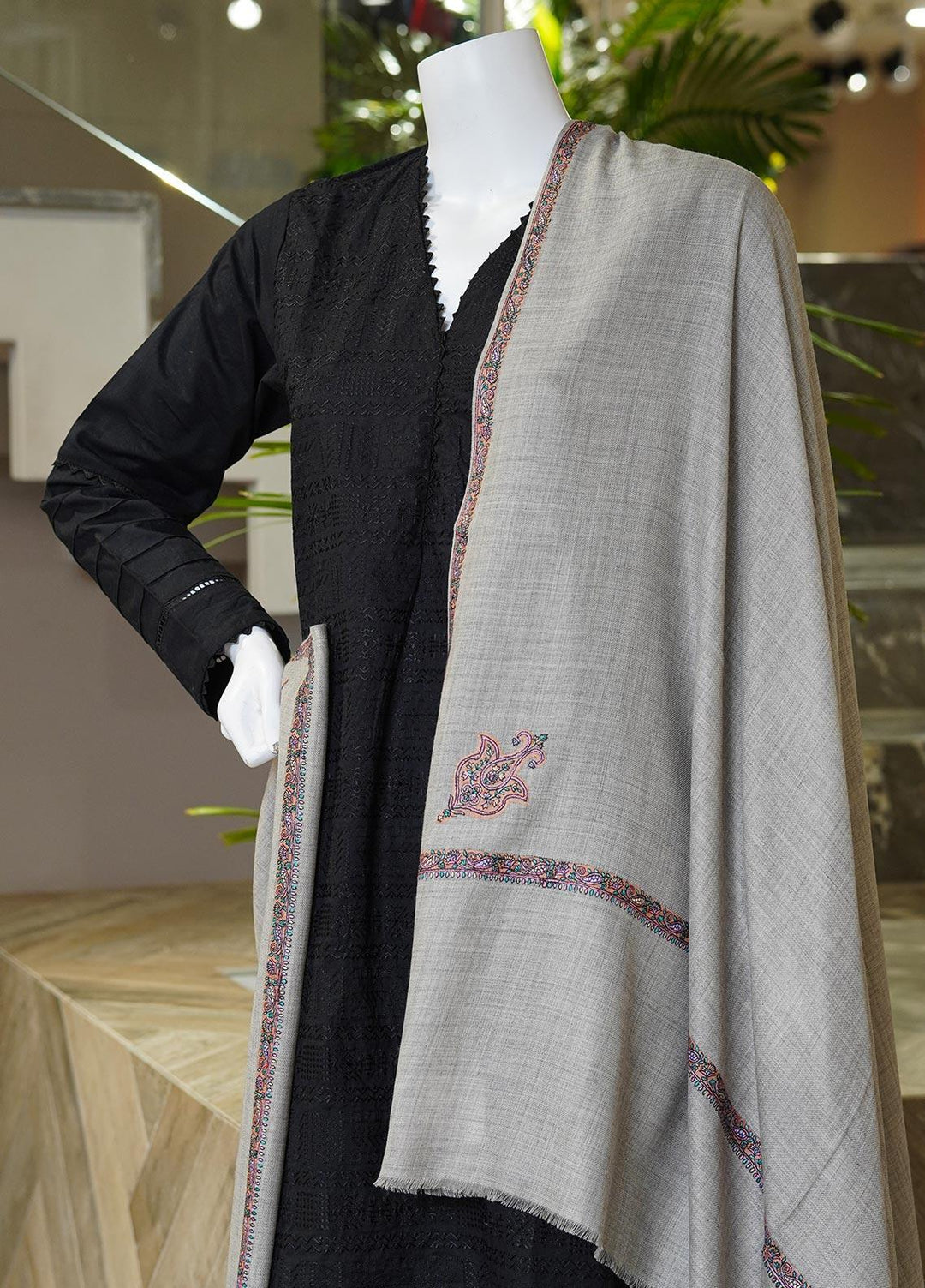 Sanaulla Exclusive Range  Pashmina  Shawls MAMA-14 Grey-1 - Pashmina Shawls